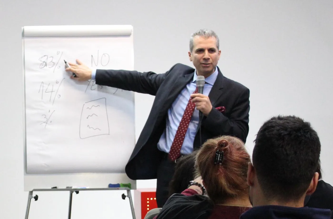George Aslanis at the flip chart, explaining figures to a seminar audience